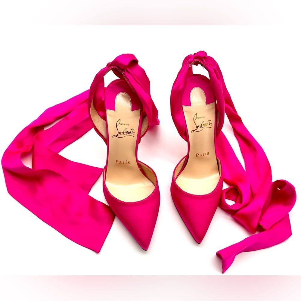 CHRISTIAN LOUBOUTIN Satin Douce Du Desert 100 Heels Rose Pink Ankle Tie EU37 US7 - Picture 2 of 16
